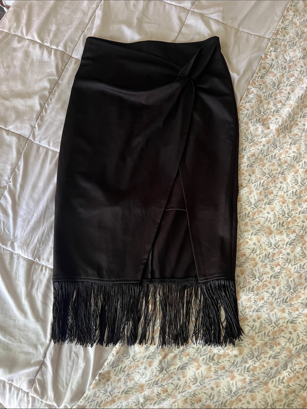 Black Fringe Pencil Skirt with Front Knot Detail